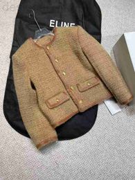 Diseñador de piel sintética para mujer 85 lana edición alta 22 otoño/invierno nuevo caqui patchwork cuero pequeño estilo fragante tweed grueso chaqueta corta top de lujo ligero 2B7V