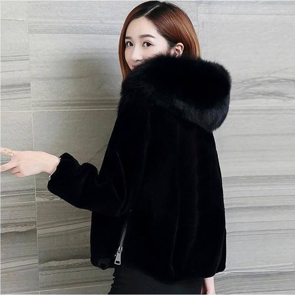 Femmes fourrure Faux élégant manteau femmes avec capuche 2022 automne hiver chaud doux fermeture éclair veste femme en peluche pardessus poche vêtements d'extérieur décontractés