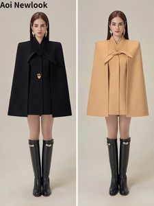 Manteau en fausse fourrure pour femme, élégant, à la mode, en laine, de haute qualité, noir, Vintage, avec nœud vestibulaire, robe cape, automne hiver, 231118
