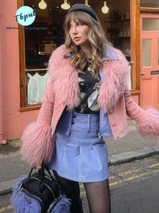 Abrigo peludo de retazos rosa elegante de piel sintética para mujer, abrigos de una sola botonadura a la moda, abrigo Vintage de calle alta para mujer de invierno 231206