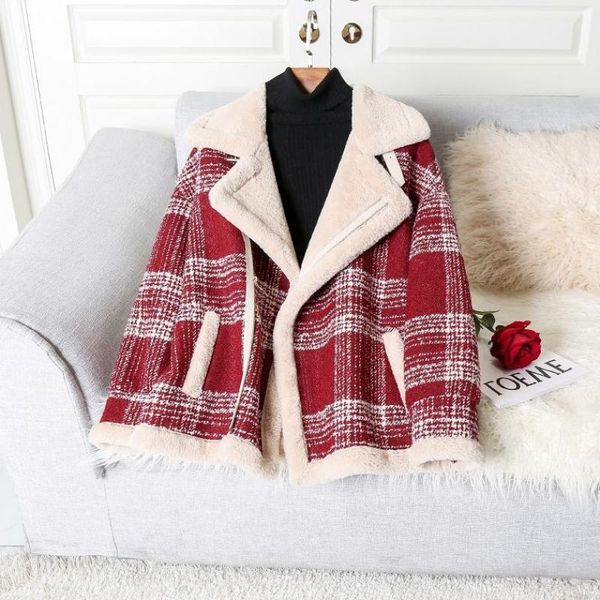 Chaqueta de lana a cuadros de felpa con lámpara gruesa y cálida para mujer, abrigo de lana a cuadros, prendas de vestir holgadas e informales, color rojo, elegante de piel sintética, para invierno