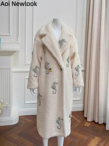 Damen-Pelzimitat-eleganter weißer Teddybär-Mantel 2023, hochwertige, mittellange, lockere, warme Wolle, Alpakahaar-Profil, modische Jacke 231114