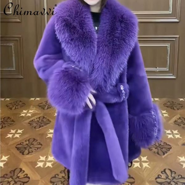 Piel de mujer Faux Europea Manga larga Toka Doble cara Lana Cuero Abrigo cálido Lentejuelas pesadas Casual Suelta Elegante Chaqueta púrpura 231013