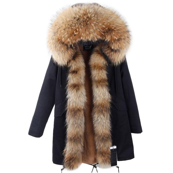 Femmes fourrure fausse mode longue veste d'hiver femmes luxueux grand raton laveur col à capuche manteau chaud doublure Parkas Top qualité femmes