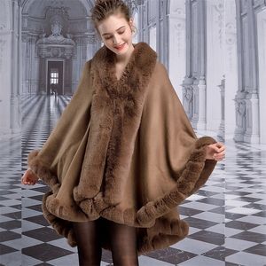 Dames bont faux mode dikke rex konijn overjas mantel dames herfst winter gebreide jas lange handcraft elegante cape warme wraps 220927