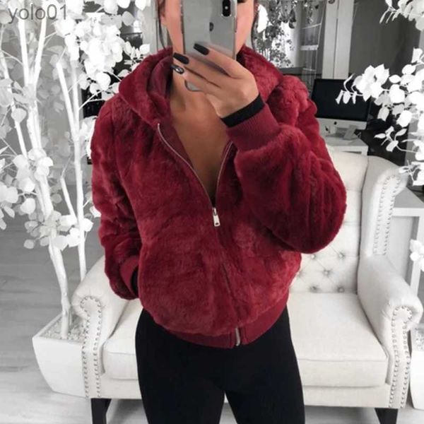 Women's Fur Faux Fur 2023 nouveau manteau en fausse fourrure pour femmes taille haute à capuche mode Cardigan à manches longues en vrac mince fausse fourrure de lapin manteau veste WomenL231016