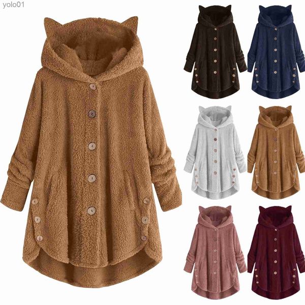 Piel de mujer Piel sintética 2023 Abrigo de mujer Invierno Plus Terciopelo Deportes Invierno Lindo Gato Orejas Con capucha Dobladillo irregular Botones Chaqueta Abrigo polar Regalo de NavidadL231121