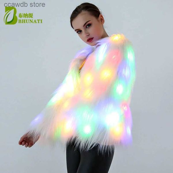 Fourrure Femme Fausse Fourrure 6XL Femmes Fausse Fourrure LED Manteau De Noël Vient Cosplay Fluffy Fourrure Veste Outwear Hiver Chaud Festival Party Club Pardessus T231107