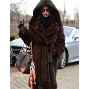 Mulheres Fur Faux Fur All-Match Trendy Whole Mink Fur Coat Mid-Length Hooded Faux Fur Casaco Moda Quente Windbreaker Mulheres 211207 YQ230925