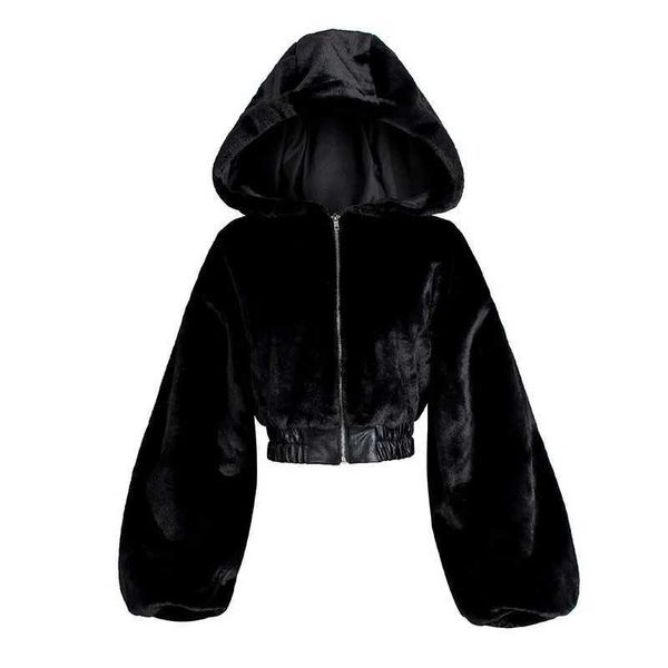 Fourrure pour femme Fausse Fourrure Automne Hiver Fausse Fourrure De Lapin Bomber Teddy Manteau Fermeture Éclair Streetwear Taille Haute Fourrure À Capuche En Peluche Veste Cardigan Polaire ParkasL231007