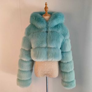 Vrouwen Bont Nepbont Blauwe Harige Cropped Faux Fur Jassen en Jacks Vrouwen Rits Capuchon Pluizige Top Winter Cropped Bont Jas Met Capuchon Kunstbont HKD230727