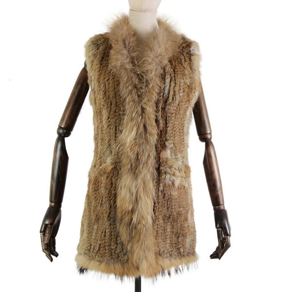 Fourrure pour femmes Fausse fourrure mode gilet de fourrure de lapin tricot gilet de lapin 80 cm de long style pour les femmes col de fourrure de raton laveur garniture gilet de fourrure décoration de poche 231026