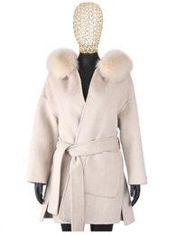 Femme Fourrure Fausse Fourrure FURYOUME Cachemire Laine Manteau Véritable Col De Fourrure Veste Hiver Longue Mode Vêtements Coupe Large Laine Casaco Pour Les Femmes Avec Ceinture 231011