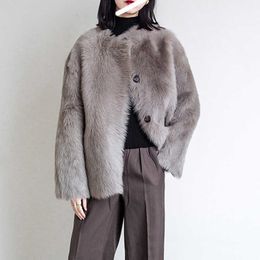 Abrigo de piel sintética para mujer, abrigo de piel auténtica, piel toscana, cuello redondo, abrigo mediano y largo