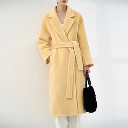 Piel de mujer Piel sintética de gama alta 100% abrigo de lana de alpaca Mujer Camel Invierno Cálido Abrigo largo negro Naranja Moda Casual Clásico con cordones 231115