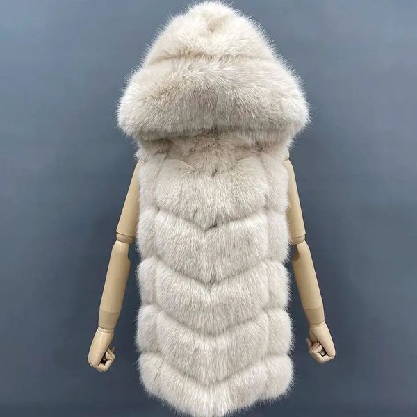 Abrigo de piel sintética Janefur con capucha para mujer, chaleco largo de piel sintética de alta calidad, chaleco peludo cálido para mujer, chaleco de piel sintética para invierno, chaquetas 231204