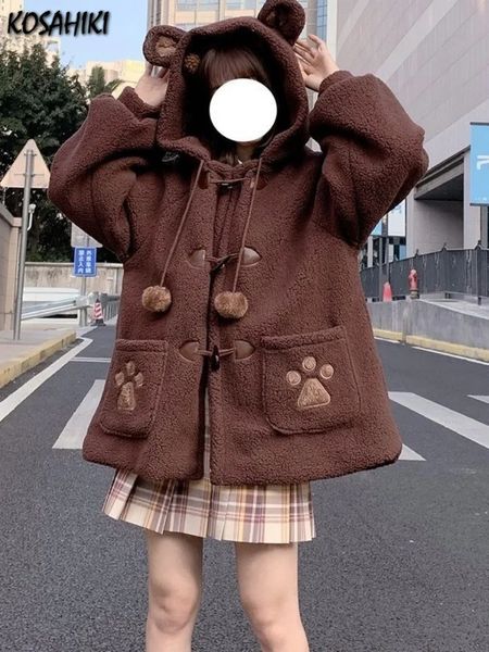 Fourrure pour femmes fausse fourrure kosahiki japonais style automne hiverne femme douce lambaine laine veste kawaii oreilles d'ours doux manteaux à capuche filles mignons outwear 231108