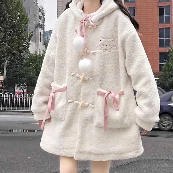 Fourrure femme Fausse fourrure LoliBook manteau en laine femmes hiver Cardigan à capuche mignon Kawaii rose Lolita manteaux femme agneau coton rembourré veste brodée 231115