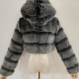 Piel de mujer Piel sintética Lucyever Moda Abrigo de piel sintética con capucha Mujer Invierno Alta calidad Cálido Azul Peludo Abrigo Elegante Chaqueta corta de felpa Femme 220919