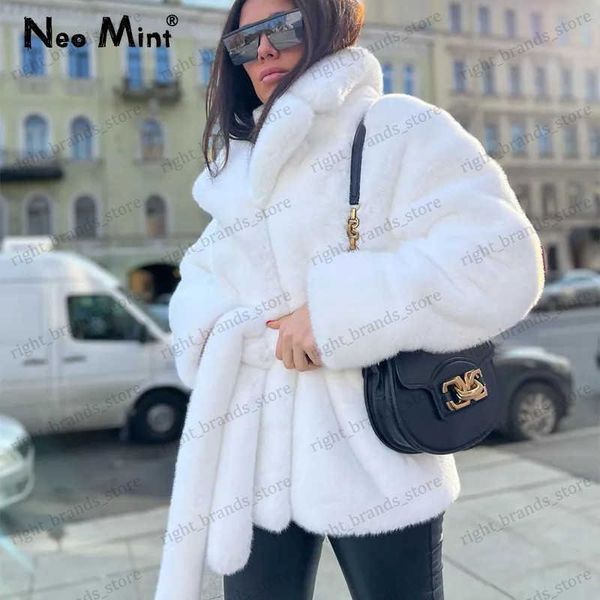 Fourrure Femme Fausse Fourrure De Luxe Pur Blanc Ceinturé Fausse Fourrure Manteau Femmes Épais Chaud Moelleux En Peluche Veste Chic Dames Rue Mode Manteaux D'hiver Tenues T240122