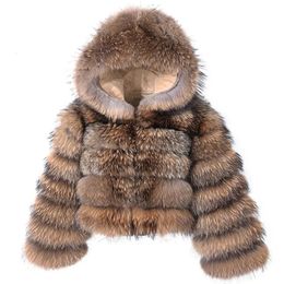 Abrigo de piel sintética para mujer Maomaokong, abrigo de piel de mapache auténtica Natural con sombrero, chaqueta de piel de invierno para mujer, ropa femenina de piel de cuero de lujo 231117