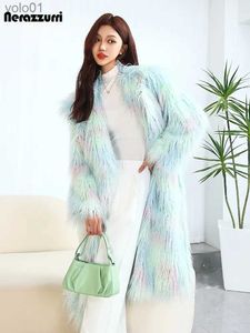 Fourrure Femme Fausse Fourrure Nerazzurri Hiver Long Doux Coloré Shaggy Poilu Épais Chaud Doux Moelleux Fausse Fourrure Manteau Femmes De Luxe Designer Vêtements 2023L231016