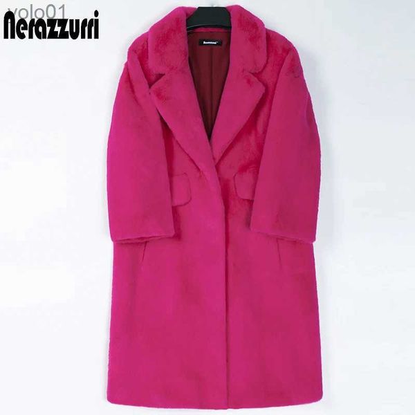 Abrigo largo de piel sintética Nerazzurri de invierno para mujer, abrigo largo de piel sintética rosa con solapa para mujer, chaqueta mullida suave y gruesa cálida y gruesa, moda coreana holgada y elegante 2022L231109