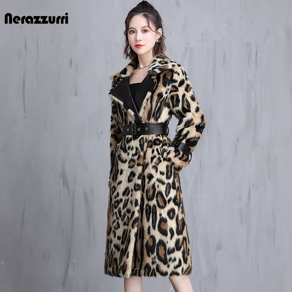 Piel de mujer Piel sintética Nerazzurri Invierno Estampado de leopardo largo Cálido Abrigo de piel sintética esponjosa Mujer con cinturón de cuero Pasarela Estilo europeo de lujo Moda 220927