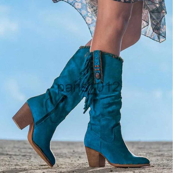 Fourrure de femme fausse fourrure nouveau talon compensé bottes hautes pour femmes glands côté zip western débarrassant bottes de cowboy bleu automne hiver bota feminina x0928