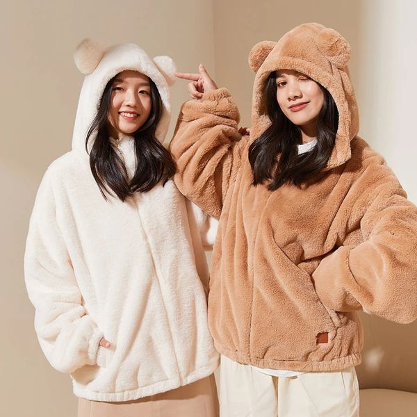 Fourrure femme Fausse fourrure OhSunny automne et hiver vêtements femmes à capuche doux mignon ours oreille en peluche manteau femmes veste chaude en vrac femmes veste de fourrure 231123