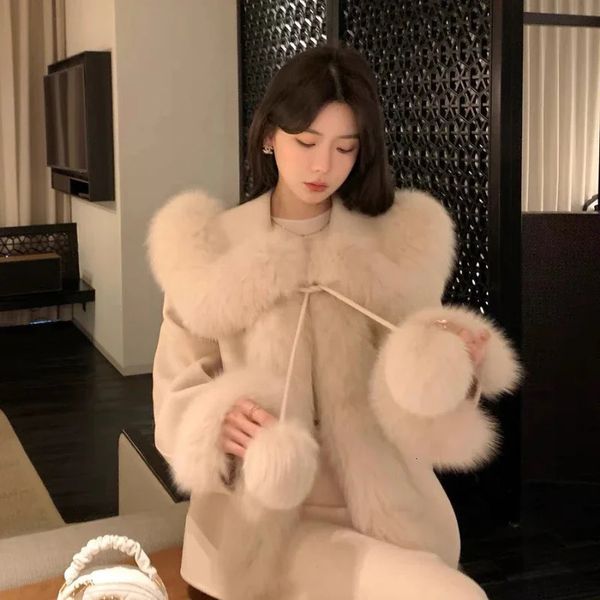 Manteau en cachemire réversible en fausse fourrure pour femme fourrure de renard manteau en fourrure mélangée manteau en laine 231121
