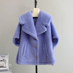 Fourrure femme Fausse fourrure RosEvans élégant ours en peluche chameau laine manteau court femmes tempérament épais col bleu marine vraie fourrure sans manches Cape Fit automne hiver 231121