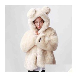 Fourrure pour femmes Fausse fourrure Vente de fourrure créative Manteau pour femme Ours à capuche avec oreilles Fille mignonne Petit lapin imitation frais 211213 Drop Deli Dhyjo