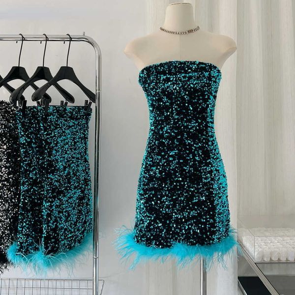 Femmes Fourrure Fausse Fourrure Sexy Discothèque Mince Cocktail Robe Paillettes Fausse Fourrure D'autruche Bord Plumes Wrap Hanche Perles Robe Robe Moulante Vestidos Mujer HKD230727