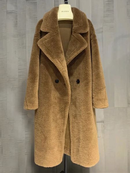 Fourrure femme Fausse fourrure veste d'hiver femmes réel manteau de fourrure 100% laine tissé tissu épais chaud vêtements d'extérieur surdimensionné mode Streetwear ours en peluche manteaux 231207