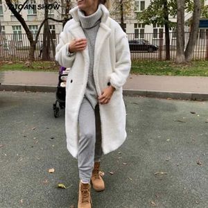 Femme Fourrure Fausse Fourrure Hiver Col Cranté Poilue Shaggy Fausse Fourrure Long Teddy Manteau Ivoire Femme Shearling Fluffy X-Long Vestes Garder Au Chaud Vêtements D'extérieurL231121