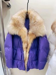 Fourrure femme Fausse fourrure hiver femmes mode avec duvet de canard manteau en vrac luxe vêtements d'extérieur Streetwear réel renard col de fourrure veste naturel épais chaud 231129