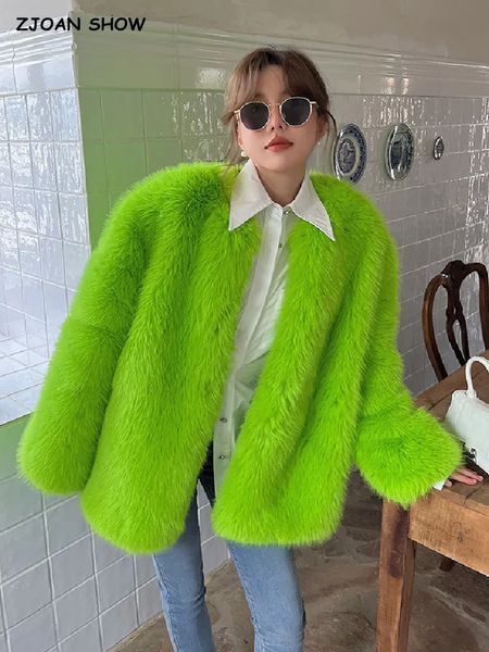 Fourrure Femme Fausse Fourrure Hiver Femmes Fluorescent Vert Poilu Shaggy Fausse Fourrure Vestes Vintage À Manches Longues Manteau De Fourrure Lâche Garder Au Chaud Vêtements D'extérieur 231007