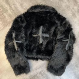 Femmes fourrure fausse fourrure hiver femmes veste revers à manches longues Patch PU croix fourrure coton manteau 231128