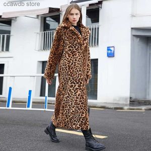 Fourrure de fourrure pour femmes Femmes Femmes Extra Long Coats High Street Full Pelt Faux Fur Mateft With Leopard Print for Women Over Knee Jacket T231107