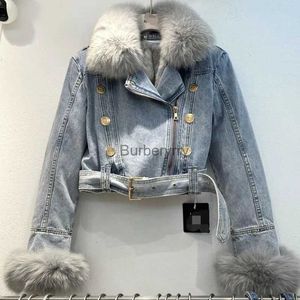 Damesbont Nepbont Dames Imitatie Vossenbontkraag Gesplitste denim jas Verdikte pluche binnenbroek Jeansjasje Korte kraag met kraag Vest met ceintuur TopsL231007