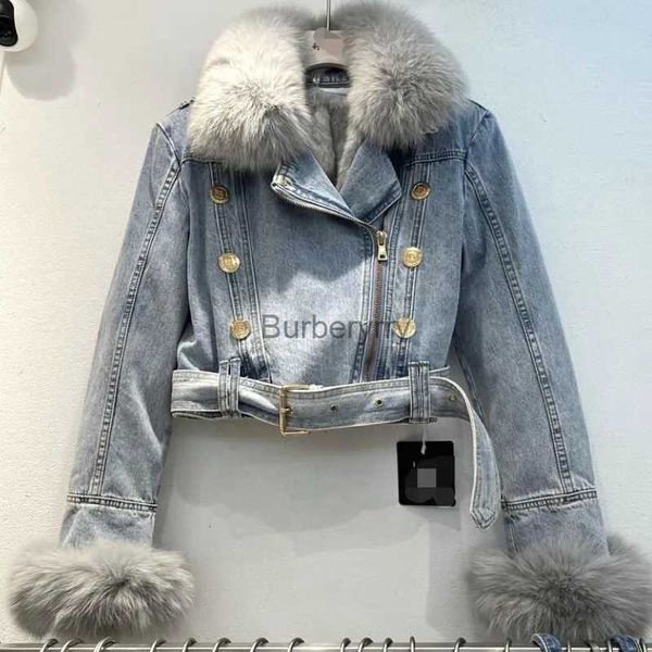 Fourrure Femme Fausse Fourrure Femmes Imitation Col De Fourrure De Renard Épissé Denim Manteau Épaissi Peluche Intérieur Jeans Veste Court Col Rabattu Cardigan Ceinturé TopsL231007