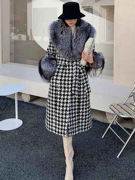 Fourrure Femme Fausse Fourrure Femmes Plaid Laine Mélanges X-Long Manteau De Fourrure Véritable Veste D'hiver Super Grand Col De Fourrure De Renard Poignets Tweed Femmes Ceinture Mince Épais Chaud 231214