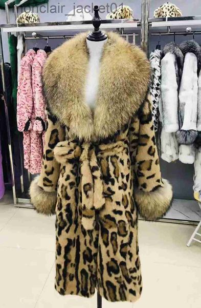 Piel de mujer Piel sintética Mujeres Real Piel de conejo Abrigos con estampado de leopardo con cuello de solapa de zorro Piel entera natural Piel genuina Chaquetas largas Abrigo Invierno J230921