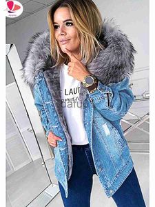 Women's Fur Fausse Fourrure Veste en jean pour femme chaude fausse fourrure surdimensionnée vêtements d'extérieur à capuche vêtements féminins pour l'automne hiver boutonné manteau à manches longues x0907