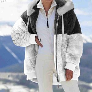 Fourrure Femme Fausse Fourrure Femmes Chaud Vestes En Peluche Automne Hiver Fausse Fourrure Patchwork Oversize Zipper Outwear Dames Élégant Lâche Polaire À Capuchon Manteau JacketL231015