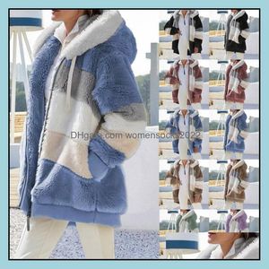 Dames bont faux fur dames bovenkleding lagen 2021 newplush hoodie jassen herfst winter warme rits pocket pocket kap losse jas w dh3ji