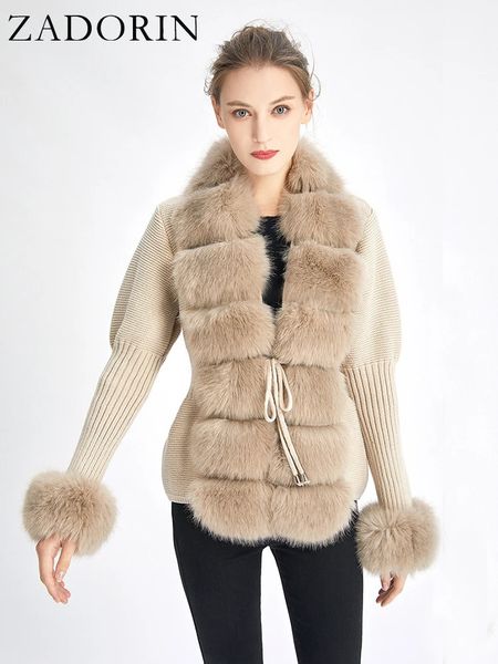 Fourrure Femme Fausse Fourrure ZADORIN automne hiver femmes fausse fourrure manteau de luxe tricoté pull fourrure Cardigan col détachable blanc rose veste Faux Fur Coats 231207