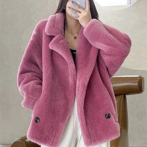 Fourrure femme Fausse fourrure ZDFURS * manteau de fourrure d'hiver véritable laine alpaga ours en peluche manteau femmes veste de fourrure épaisse vêtements d'extérieur courts dame Streetwear 231031