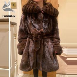 Furealux-abrigo de piel sintética para mujer, abrigo de visón Natural 2021 auténtico, Sudadera con capucha larga para mujer, abrigo cálido de alta calidad para invierno, abrigo suave de lujo 2021